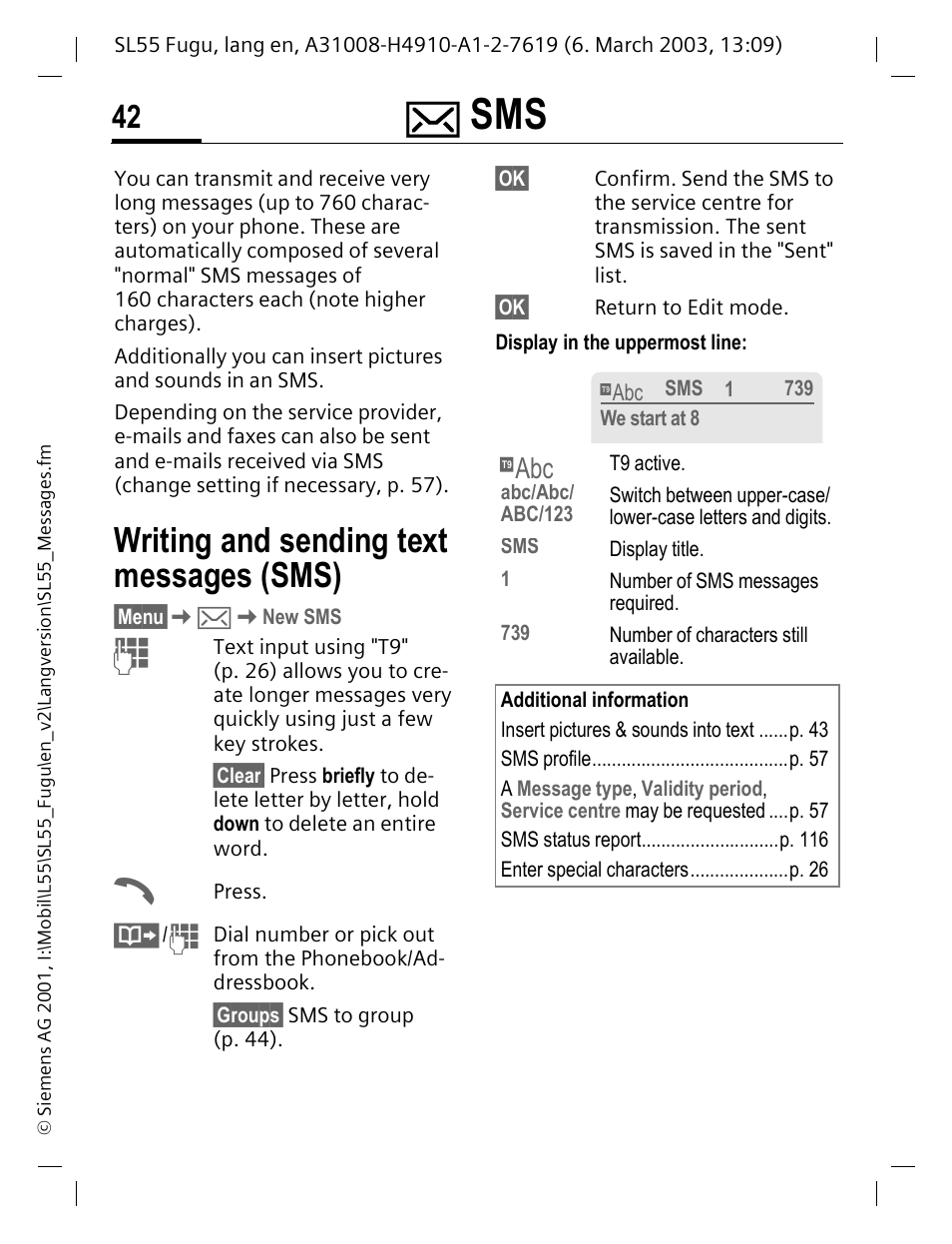 Writing and sending text messages (sms) | Siemens Gigaset SL55 User Manual | Page 43 / 144