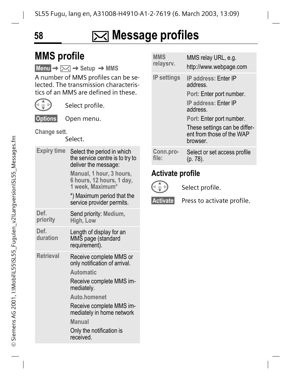 Mms profile, Activate profile, Message profiles | Siemens Gigaset SL55 User Manual | Page 59 / 144