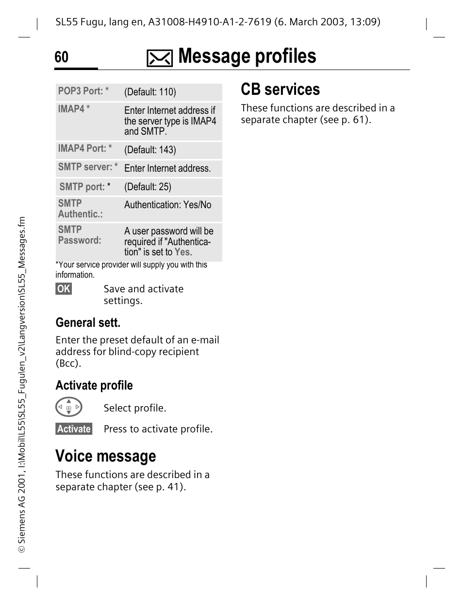 General sett, Activate profile, Voice message | Cb services, Message profiles | Siemens Gigaset SL55 User Manual | Page 61 / 144