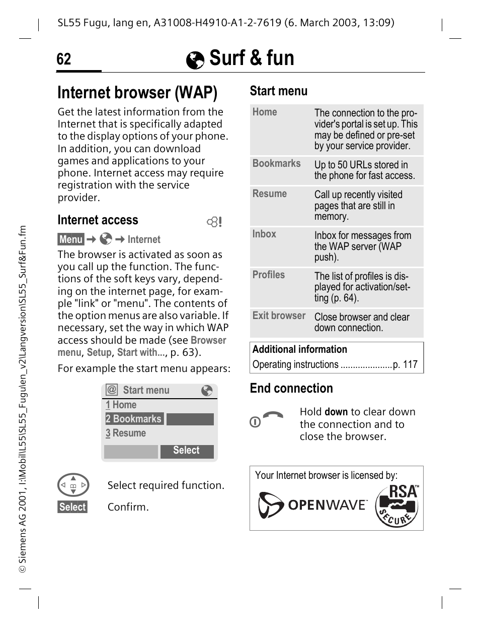 Surf & fun, Internet browser (wap), Internet access | Start menu, End connection, Surf, P. 62), Ésurf & fun, Start menu end connection | Siemens Gigaset SL55 User Manual | Page 63 / 144