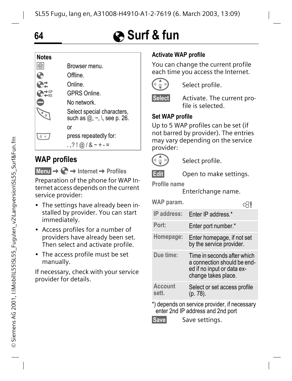 Wap profiles, Ésurf & fun | Siemens Gigaset SL55 User Manual | Page 65 / 144