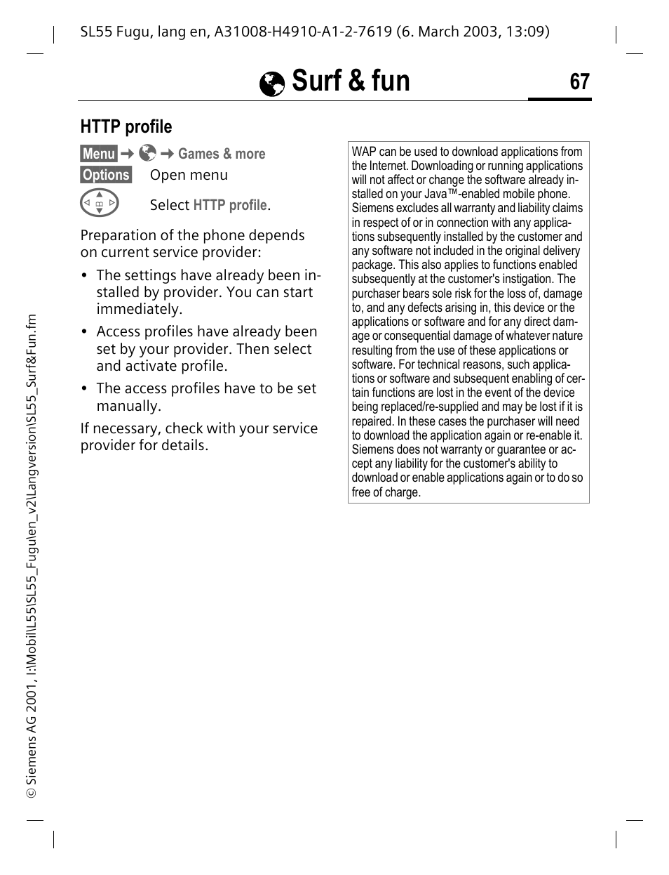 Http profile, P. 67), Ésurf & fun | Siemens Gigaset SL55 User Manual | Page 68 / 144