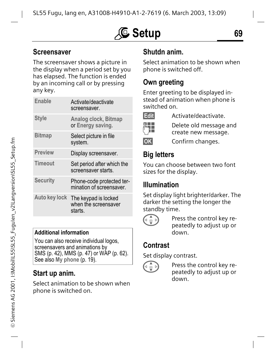 Screensaver, Start up anim, Shutdn anim | Own greeting, Big letters, Illumination, Contrast, P. 69, P. 69) as wel, Greeting (p. 69) | Siemens Gigaset SL55 User Manual | Page 70 / 144