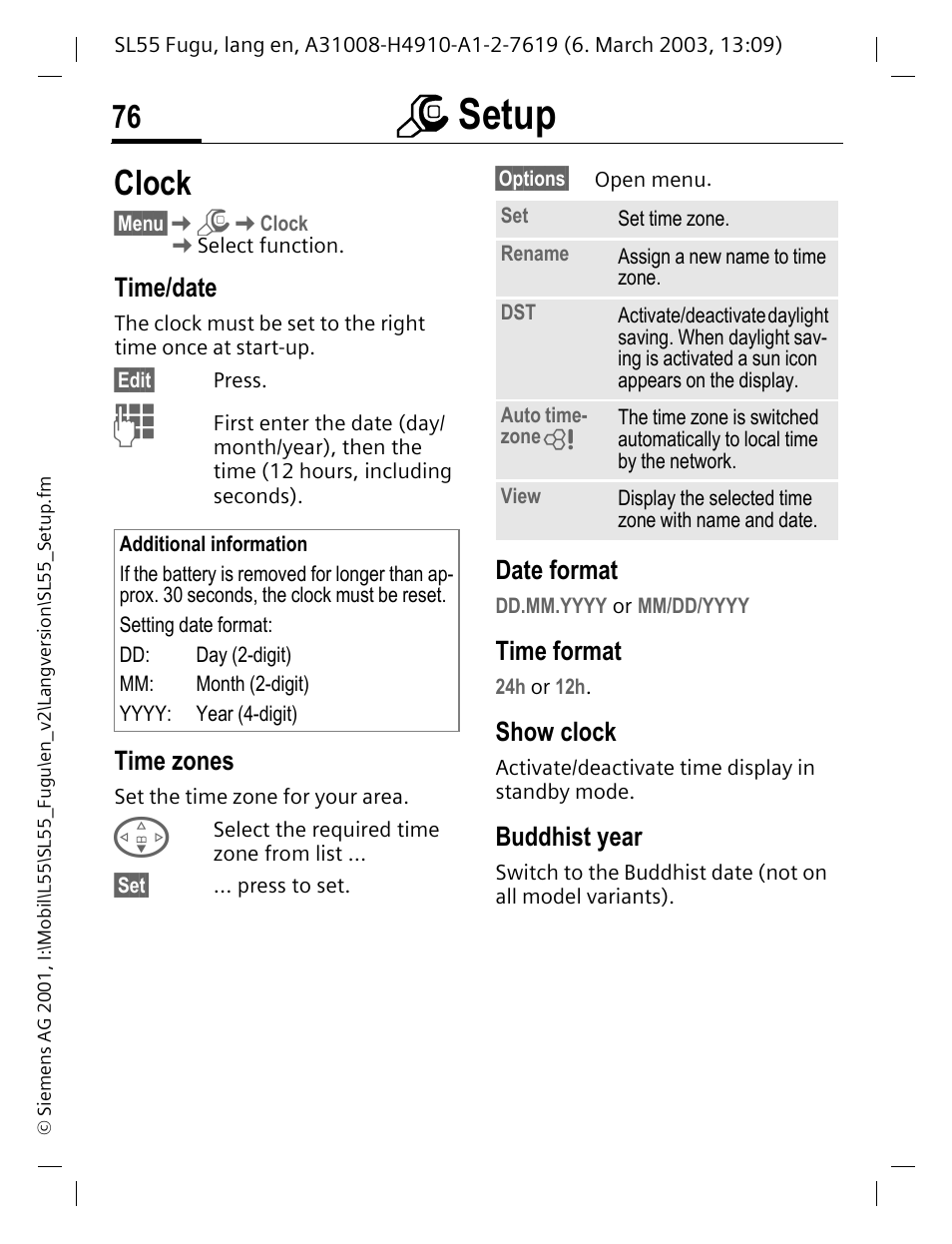 Clock, Time/date, Time zones | Date format, Time format, Show clock, Buddhist year, P. 76, Msetup | Siemens Gigaset SL55 User Manual | Page 77 / 144