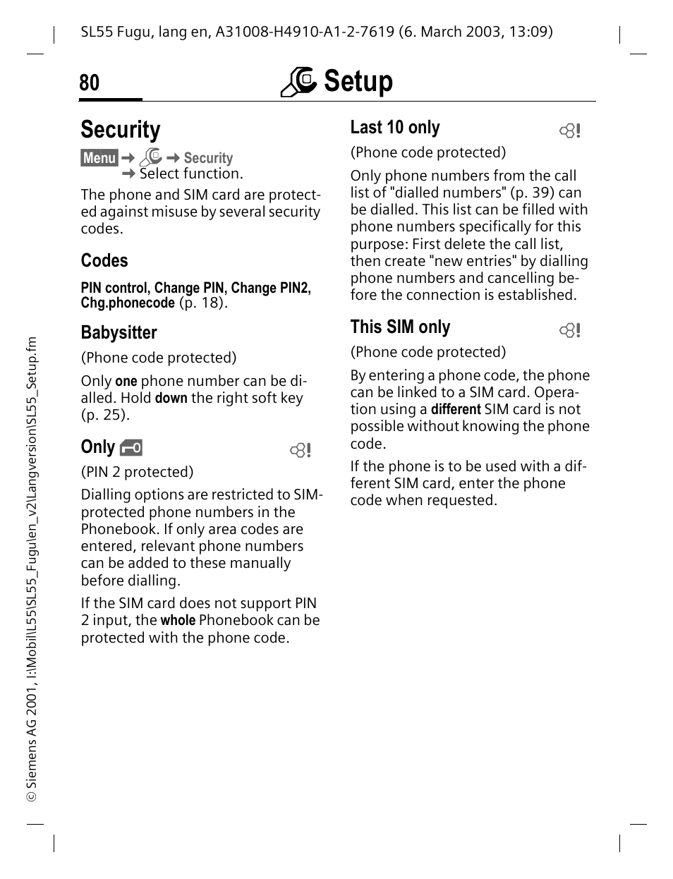 Security, Codes, Babysitter | Only, Last 10 only, This sim only, P. 80, Msetup | Siemens Gigaset SL55 User Manual | Page 81 / 144