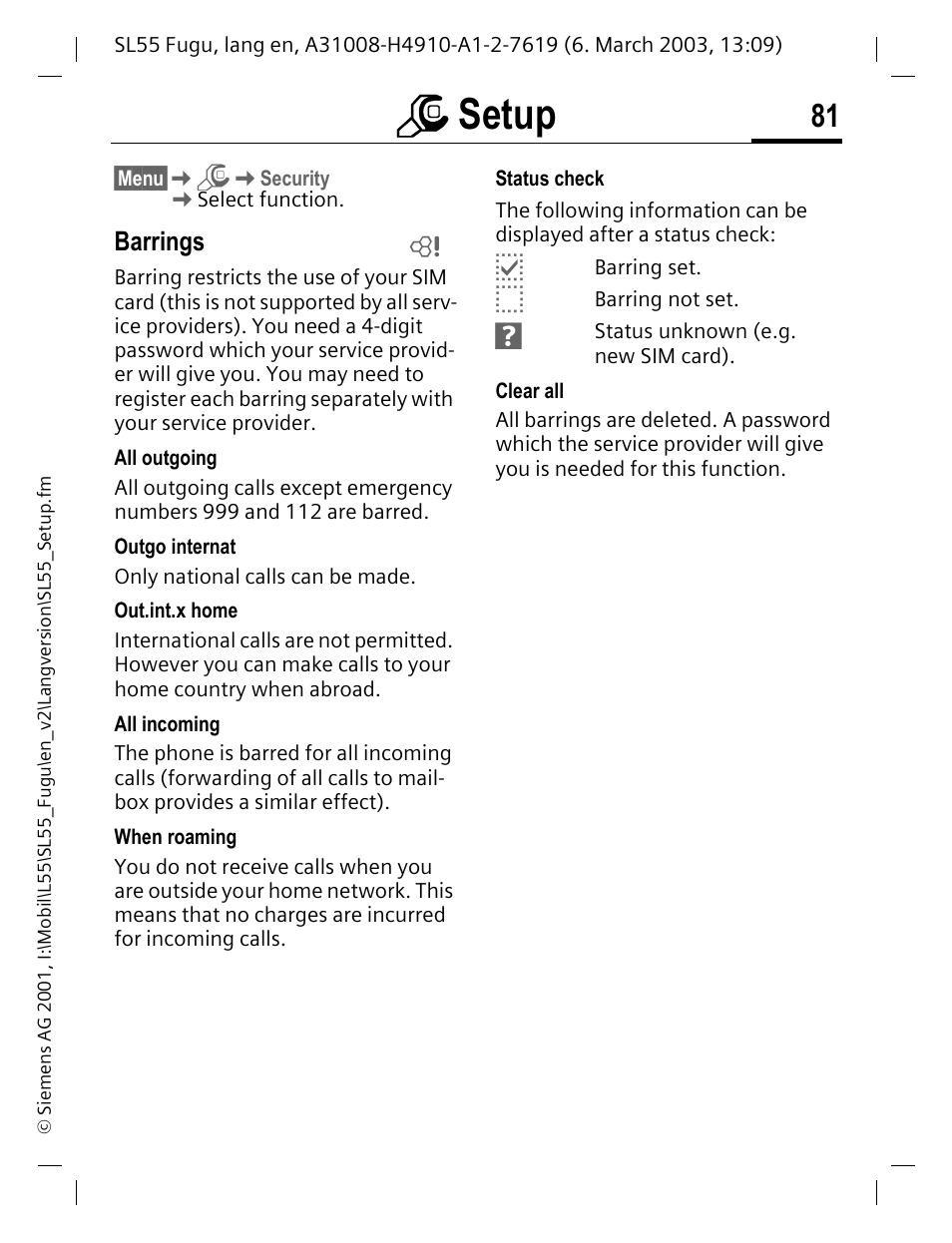 Barrings, Msetup | Siemens Gigaset SL55 User Manual | Page 82 / 144