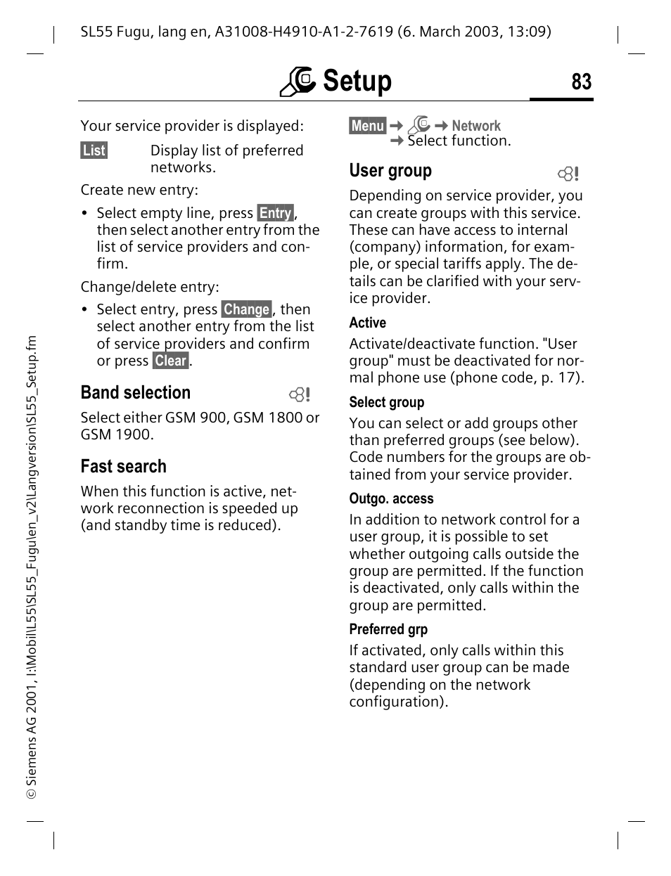 Band selection, Fast search, User group | Msetup | Siemens Gigaset SL55 User Manual | Page 84 / 144