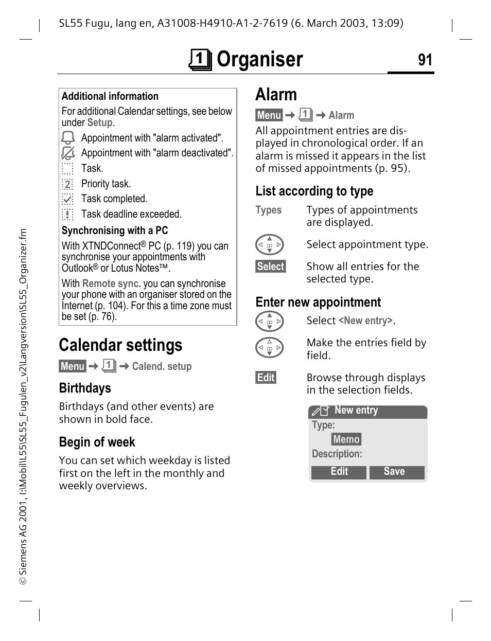 Birthdays, Begin of week, Alarm | List according to type, Enter new appointment, Tments (p. 91) an, P. 91) o, Çorganiser, Calendar settings | Siemens Gigaset SL55 User Manual | Page 92 / 144