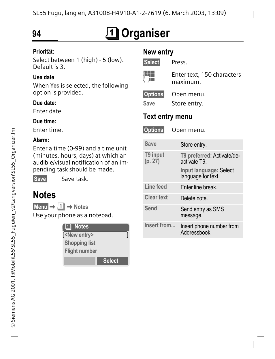 Notes, New entry, Text entry menu | Çorganiser | Siemens Gigaset SL55 User Manual | Page 95 / 144