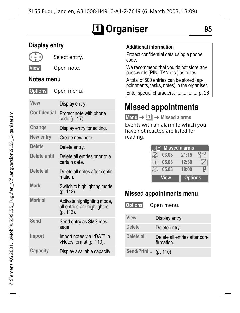 Display entry, Notes menu, Missed appointments | Missed appointments menu, Ts (p. 95), Ments (p. 95), Çorganiser | Siemens Gigaset SL55 User Manual | Page 96 / 144