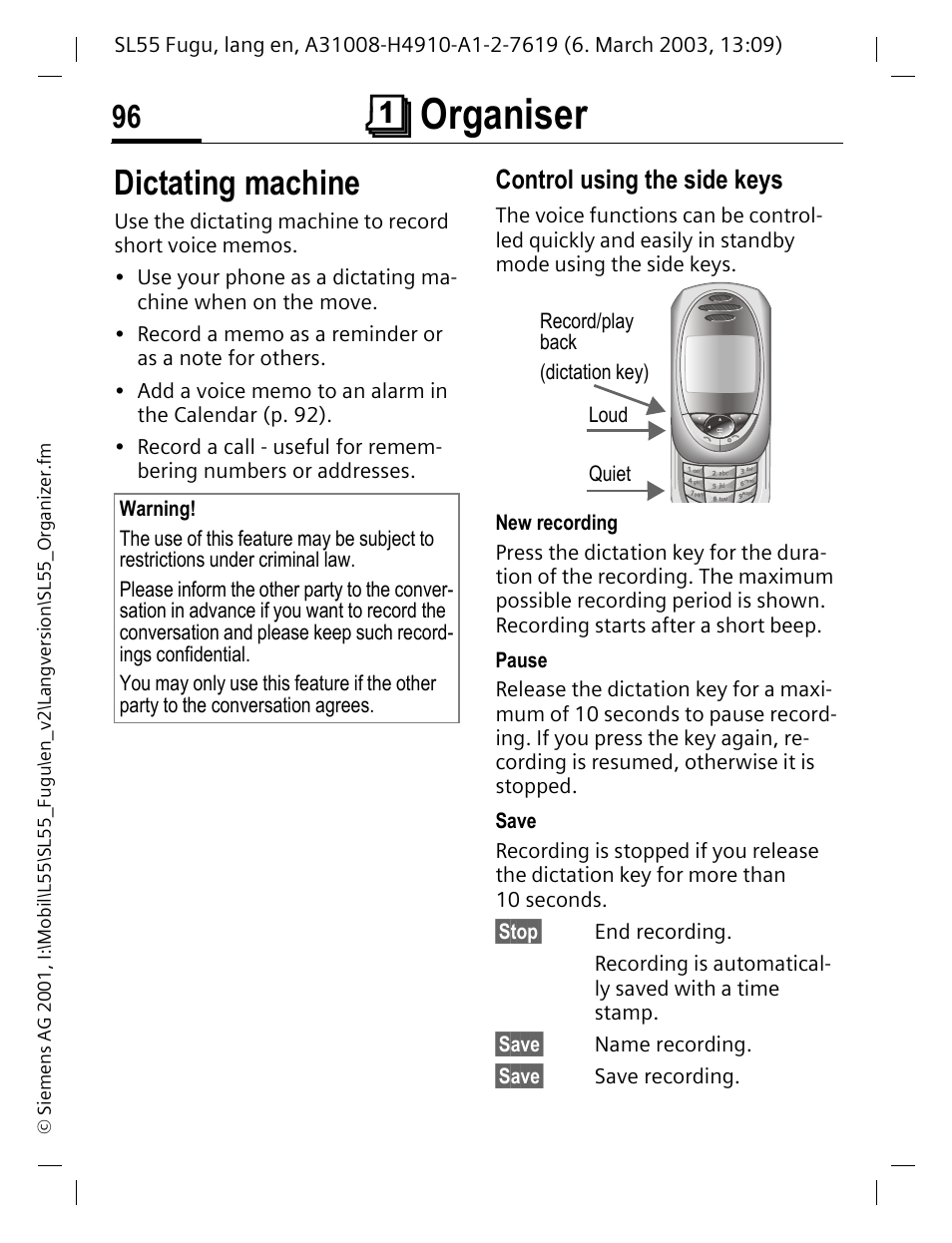 Dictating machine, Control using the side keys, Çorganiser | Siemens Gigaset SL55 User Manual | Page 97 / 144