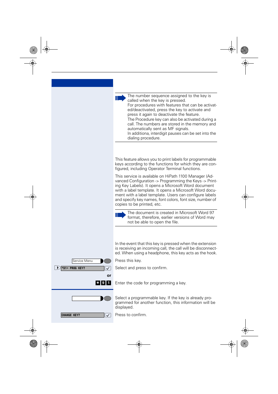 Printing key labels, End key, Printing key labels end key | Siemens HIPATH 1190 User Manual | Page 100 / 127