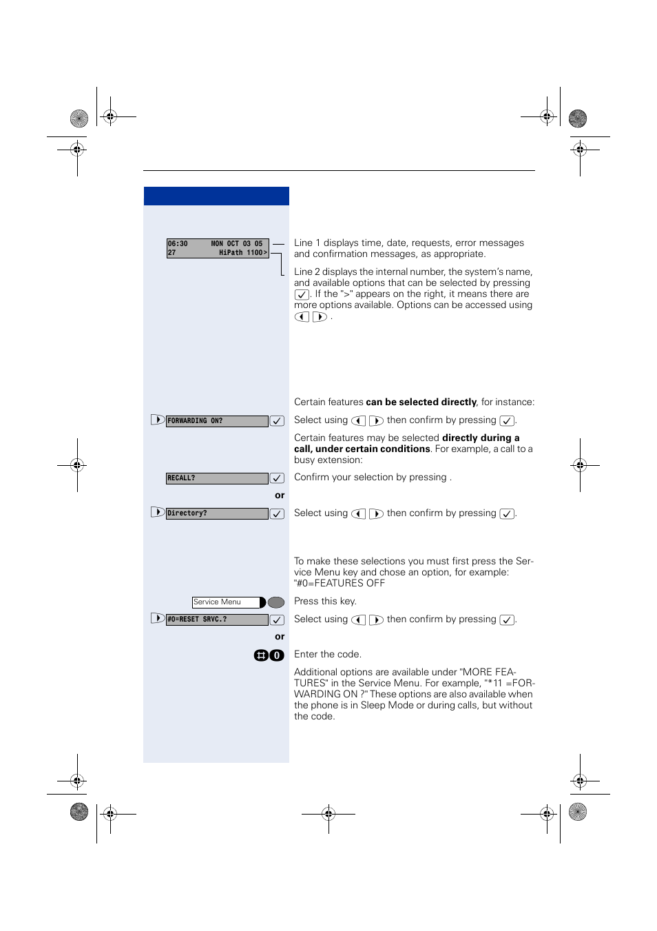 Display message/prompts, Accessing a feature, Directly | Using the service menu, Display message/prompts accessing a feature, Directly ... using the service menu | Siemens HIPATH 1190 User Manual | Page 13 / 127