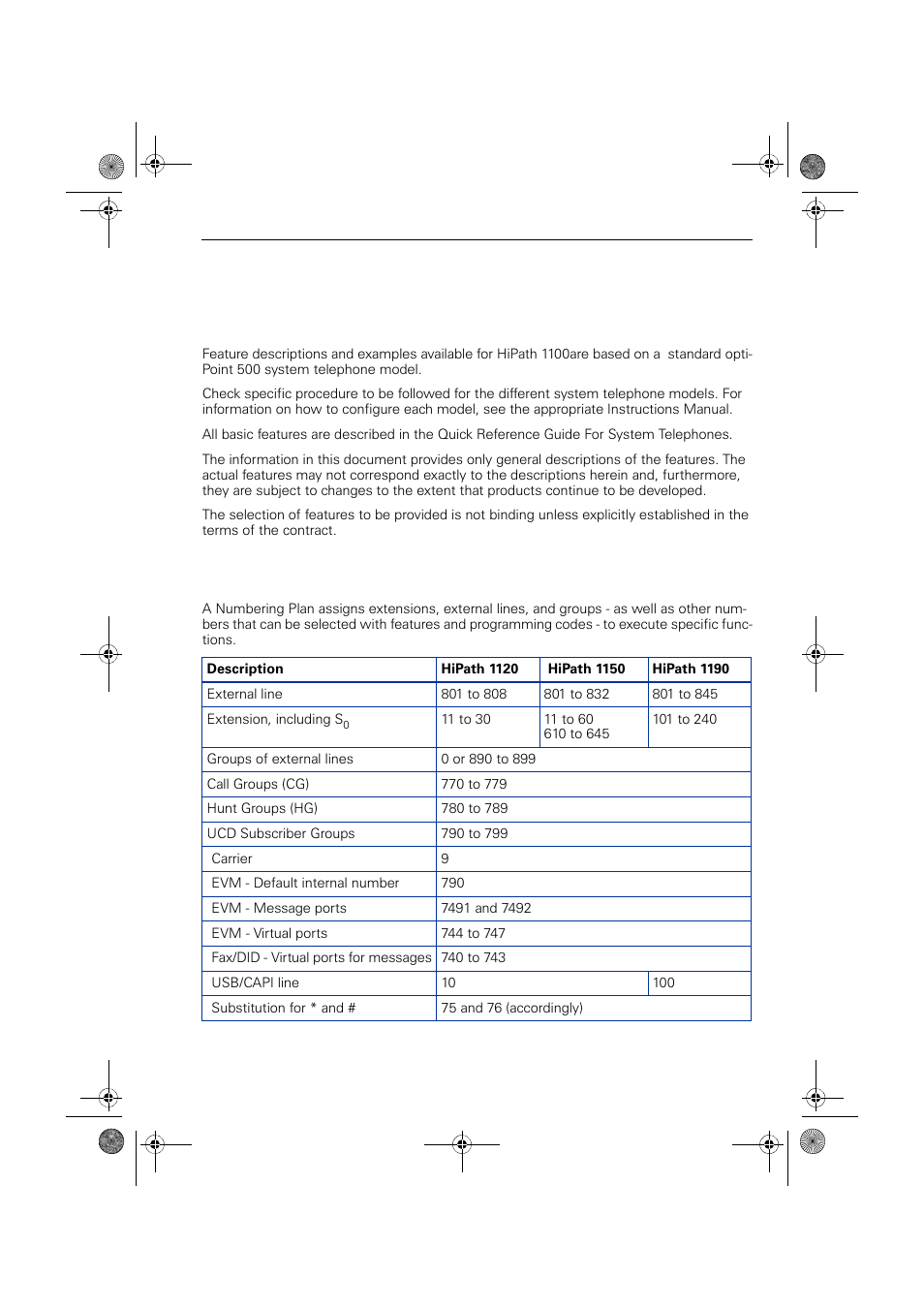 Using the hipath 1100 features, Considerations, Numbering plan | Considerations numbering plan | Siemens HIPATH 1190 User Manual | Page 15 / 127