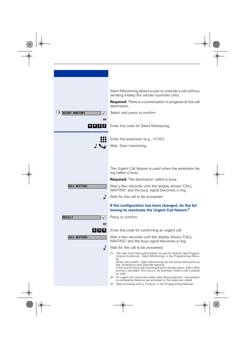 Silent monitoring, Urgent call/recall when busy | Siemens HIPATH 1190 User Manual | Page 35 / 127