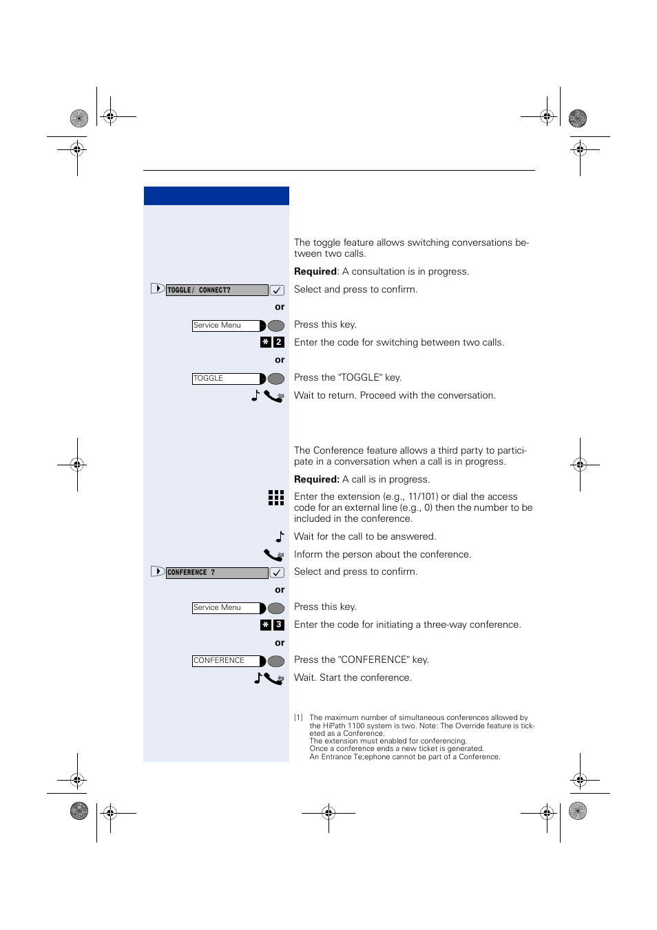 Toggle, Conference, Toggle conference | Siemens HIPATH 1190 User Manual | Page 47 / 127