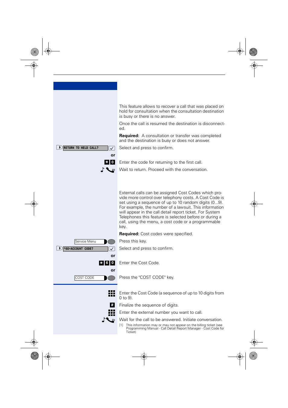 Recovering a call on hold, Cost code, Recovering a call on hold cost code | Siemens HIPATH 1190 User Manual | Page 50 / 127
