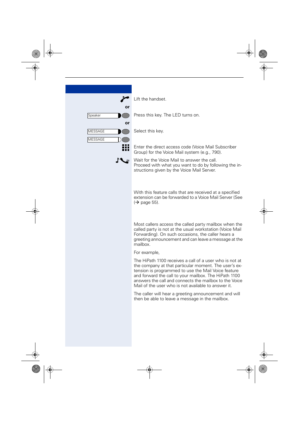 Voice mail forwarding, Leaving a message, Voice mail forwarding leaving a message | Siemens HIPATH 1190 User Manual | Page 65 / 127