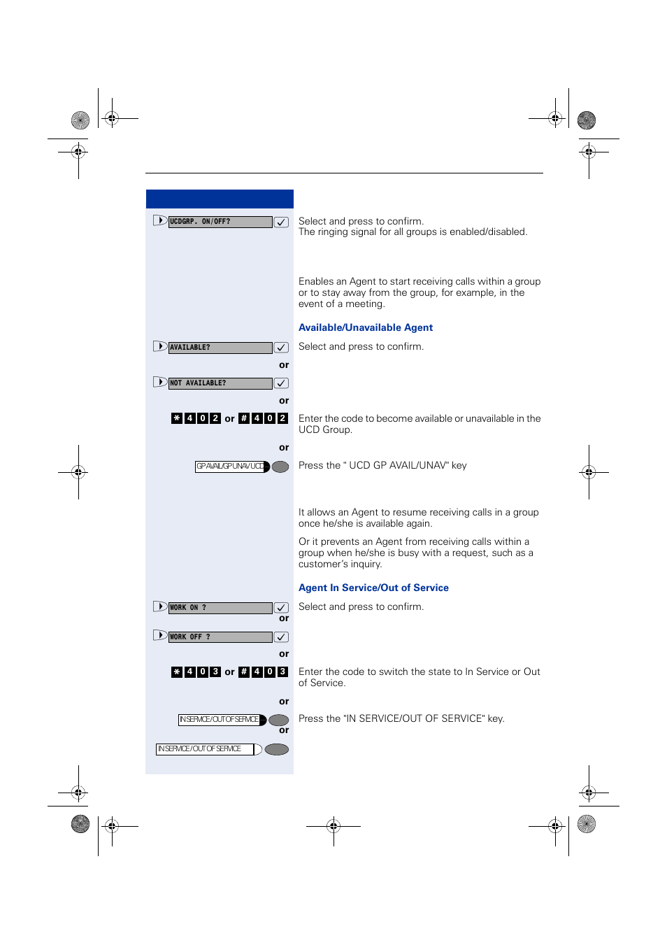 Available/unavailable agent for a ucd group, Ucd agent in service/out of service | Siemens HIPATH 1190 User Manual | Page 75 / 127