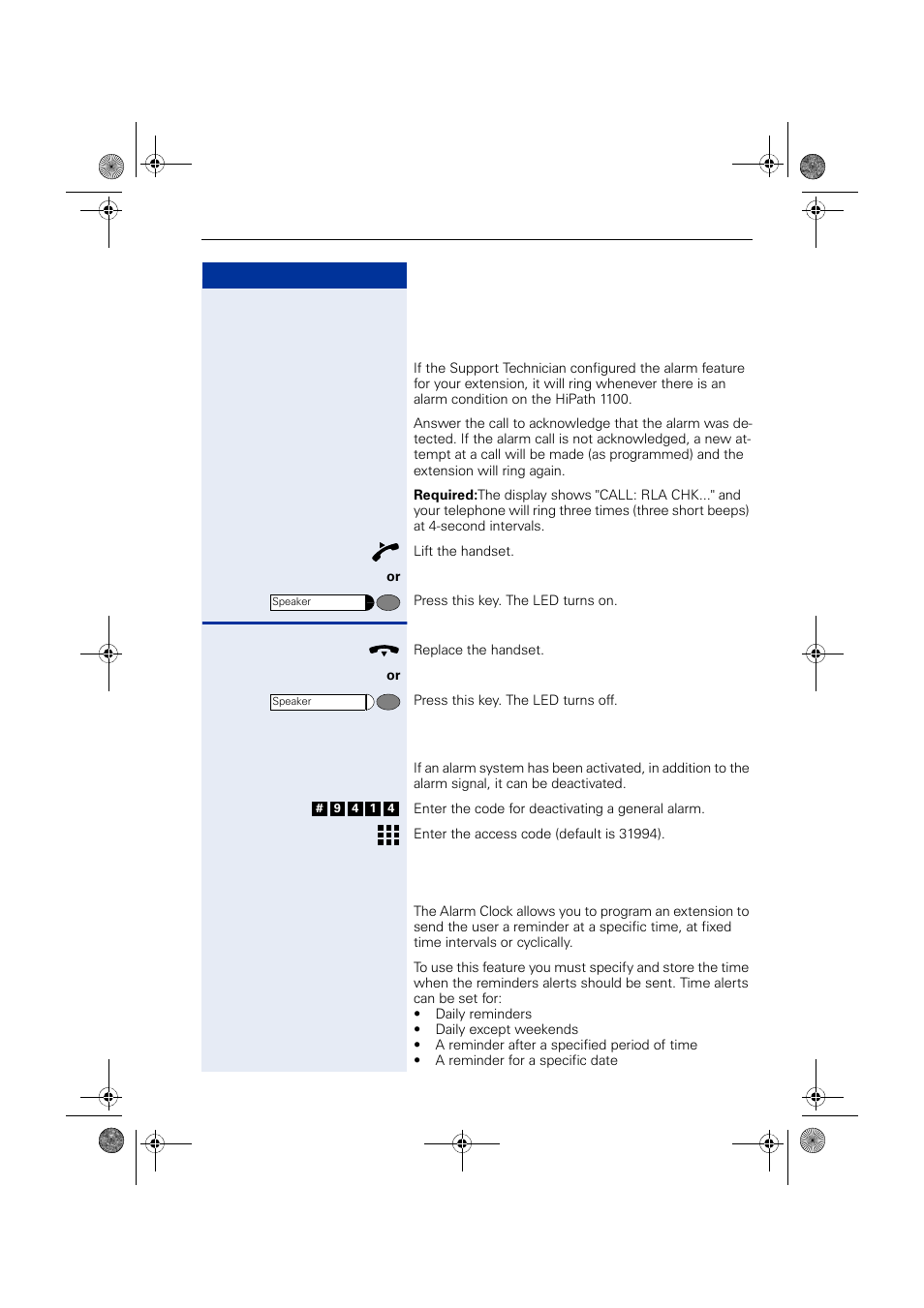 Acknowledging/deactivating a general alarm, Deactivating a general alarm, Alarm clock | Acknowledging/deactivating a gener- al alarm | Siemens HIPATH 1190 User Manual | Page 83 / 127