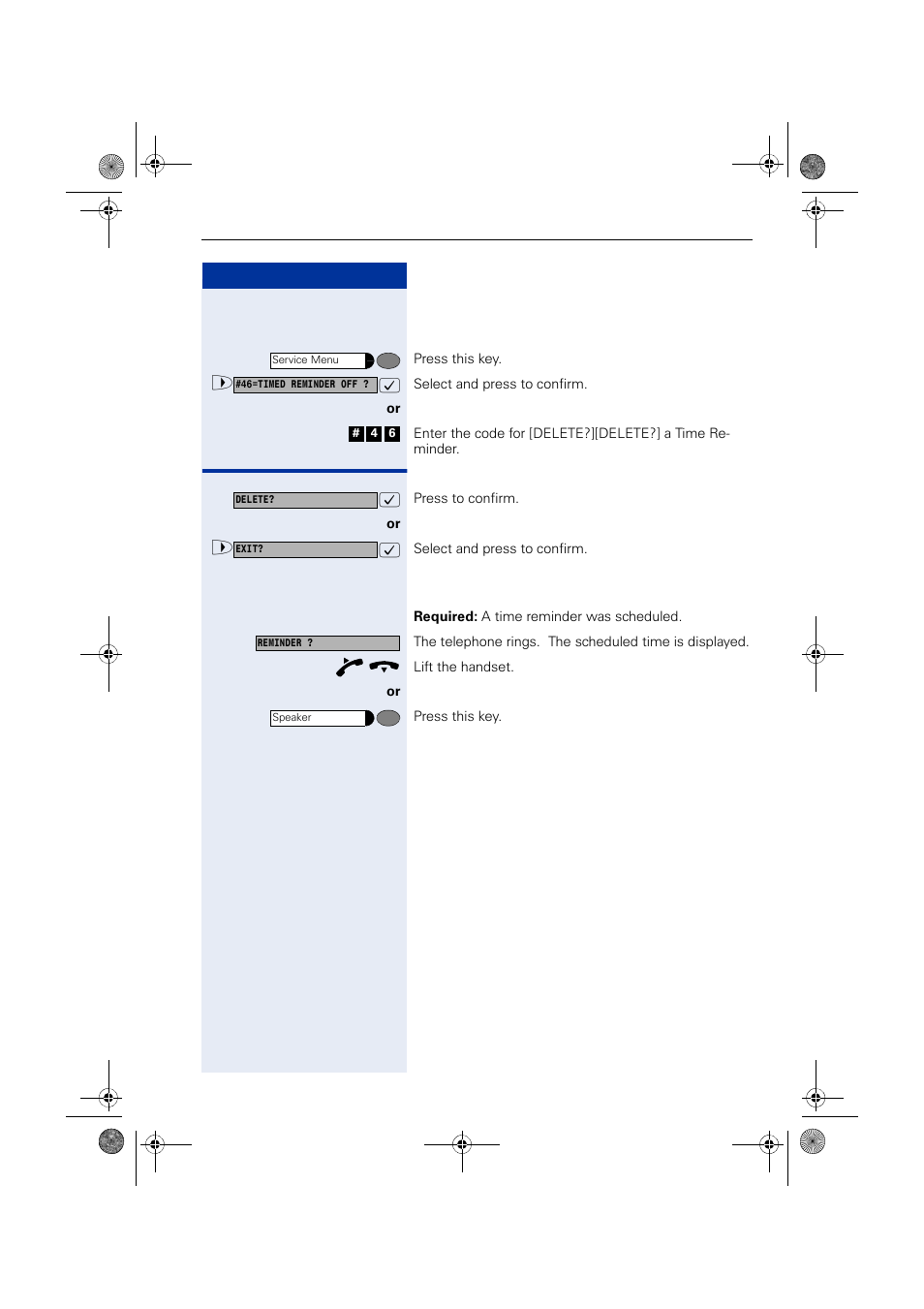 Deleting/checking a scheduled time reminder, Scheduled time reminder call, Deleting/checking a scheduled time re- minder | Siemens HIPATH 1190 User Manual | Page 85 / 127