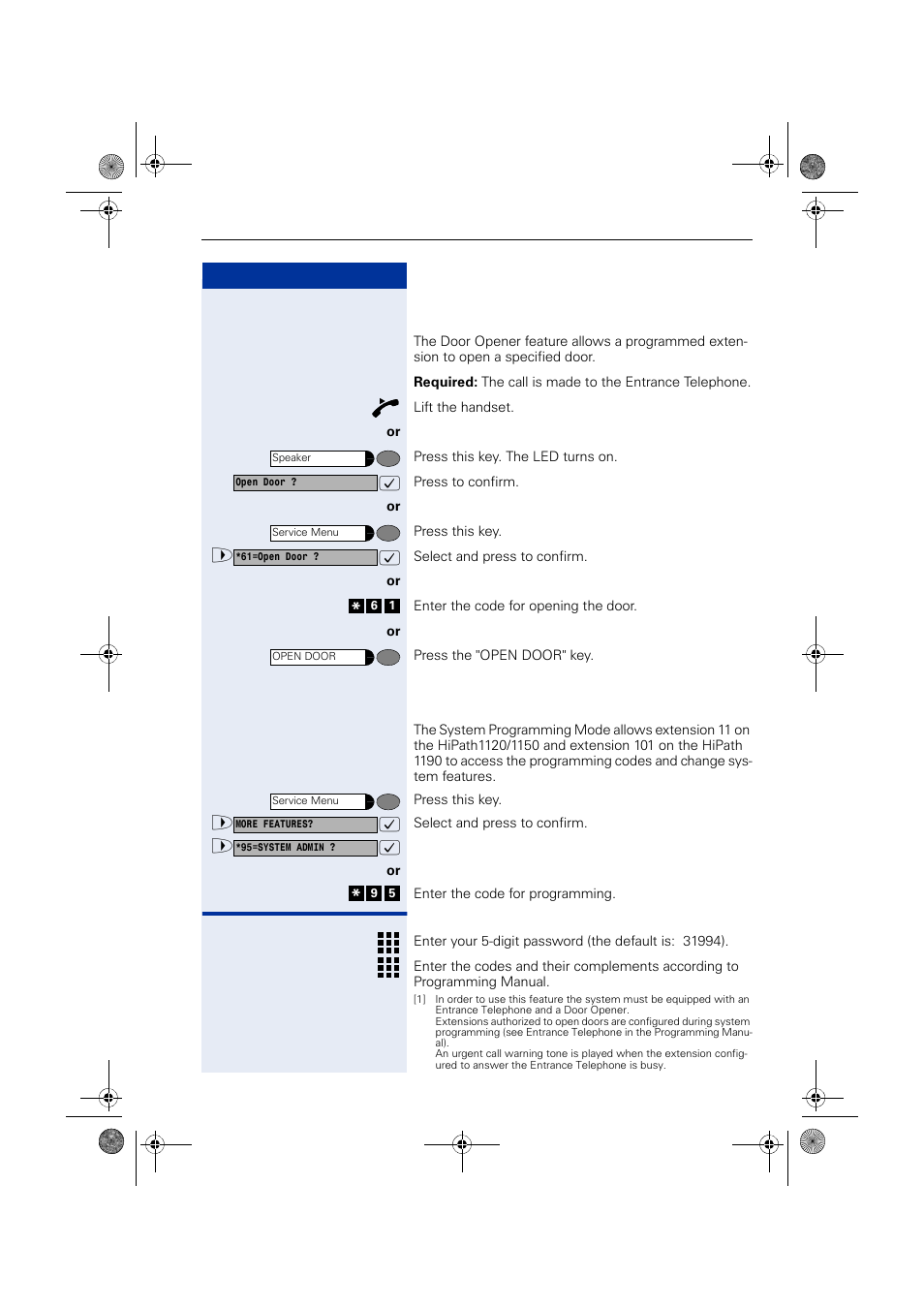 Door opener, Activating system programming, Door opener activating system programming | Siemens HIPATH 1190 User Manual | Page 91 / 127