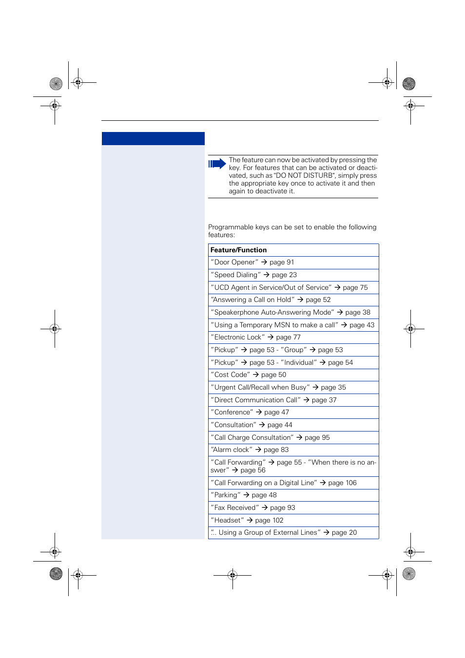 Features for programmable keys | Siemens HIPATH 1190 User Manual | Page 97 / 127