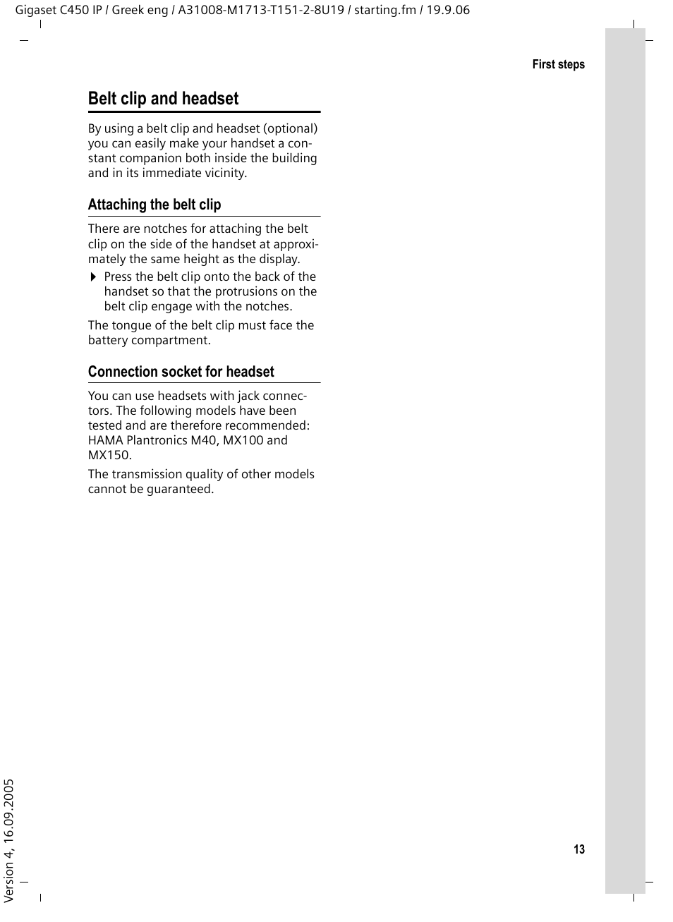 Belt clip and headset, Attaching the belt clip, Connection socket for headset | Siemens Gigaset C450 IP User Manual | Page 14 / 98