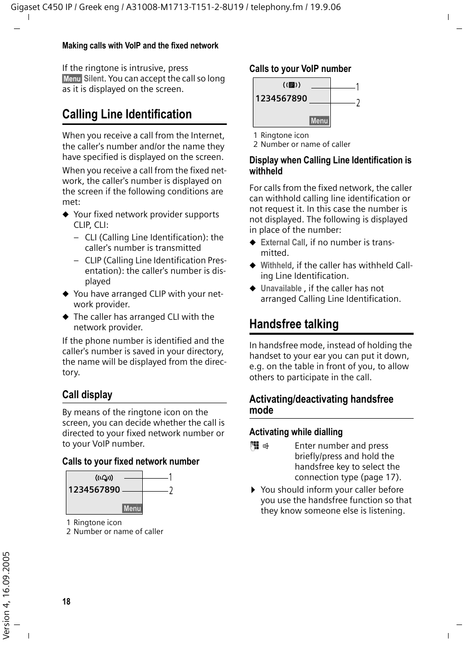 Calling line identification, Call display, Handsfree talking | Activating/deactivating handsfree mode, Calling line identification handsfree talking | Siemens Gigaset C450 IP User Manual | Page 19 / 98