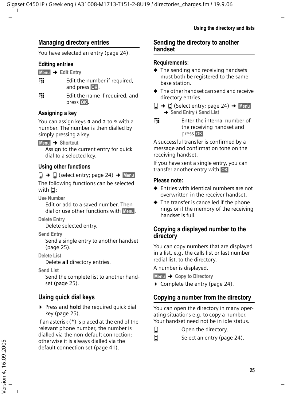 Using quick dial keys, Sending the directory to another handset, Copying a displayed number to the directory | Copying a number from the directory | Siemens Gigaset C450 IP User Manual | Page 26 / 98