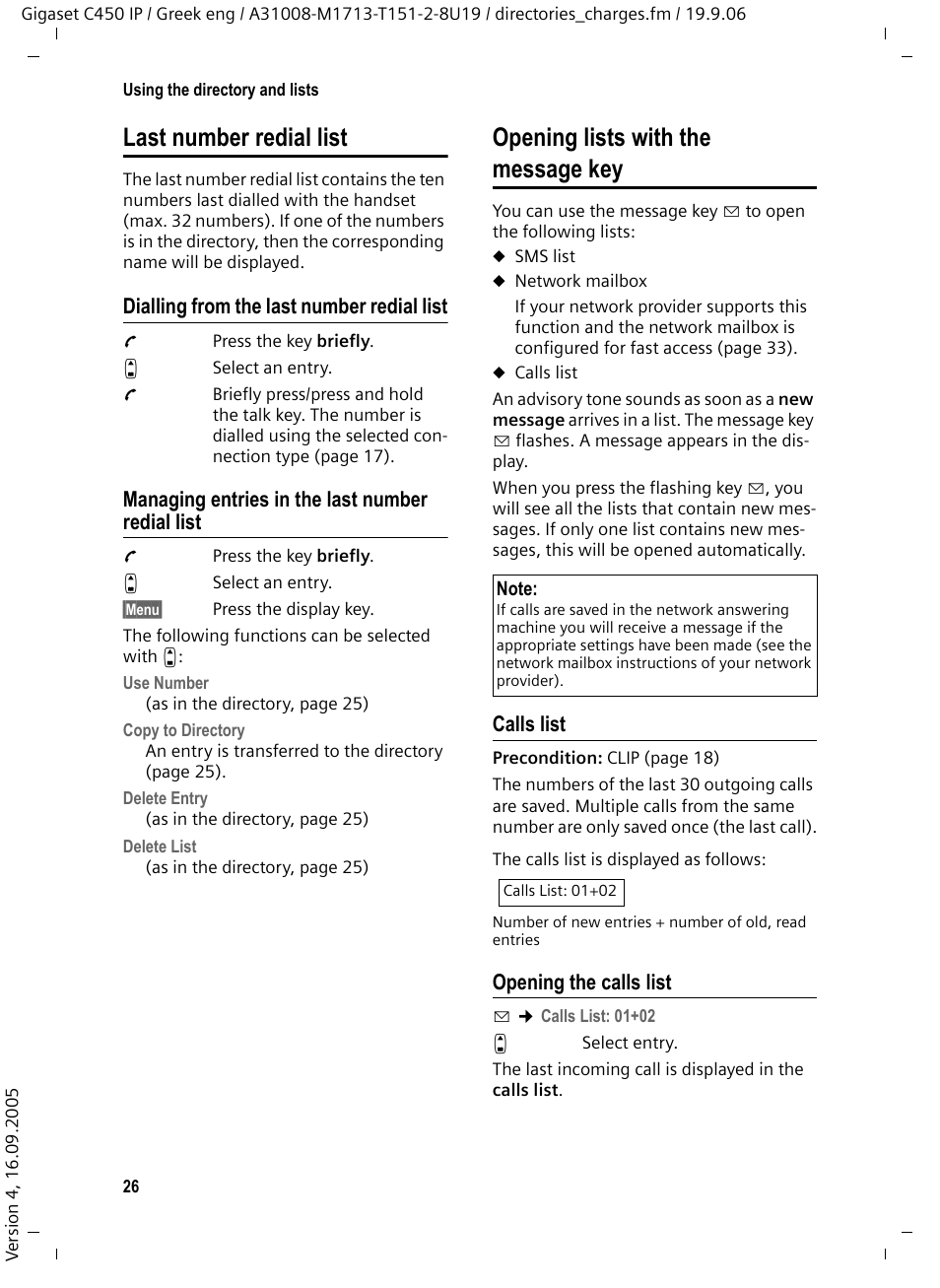 Last number redial list, Dialling from the last number redial list, Managing entries in the last number redial list | Opening lists with the message key, Calls list, Opening the calls list | Siemens Gigaset C450 IP User Manual | Page 27 / 98
