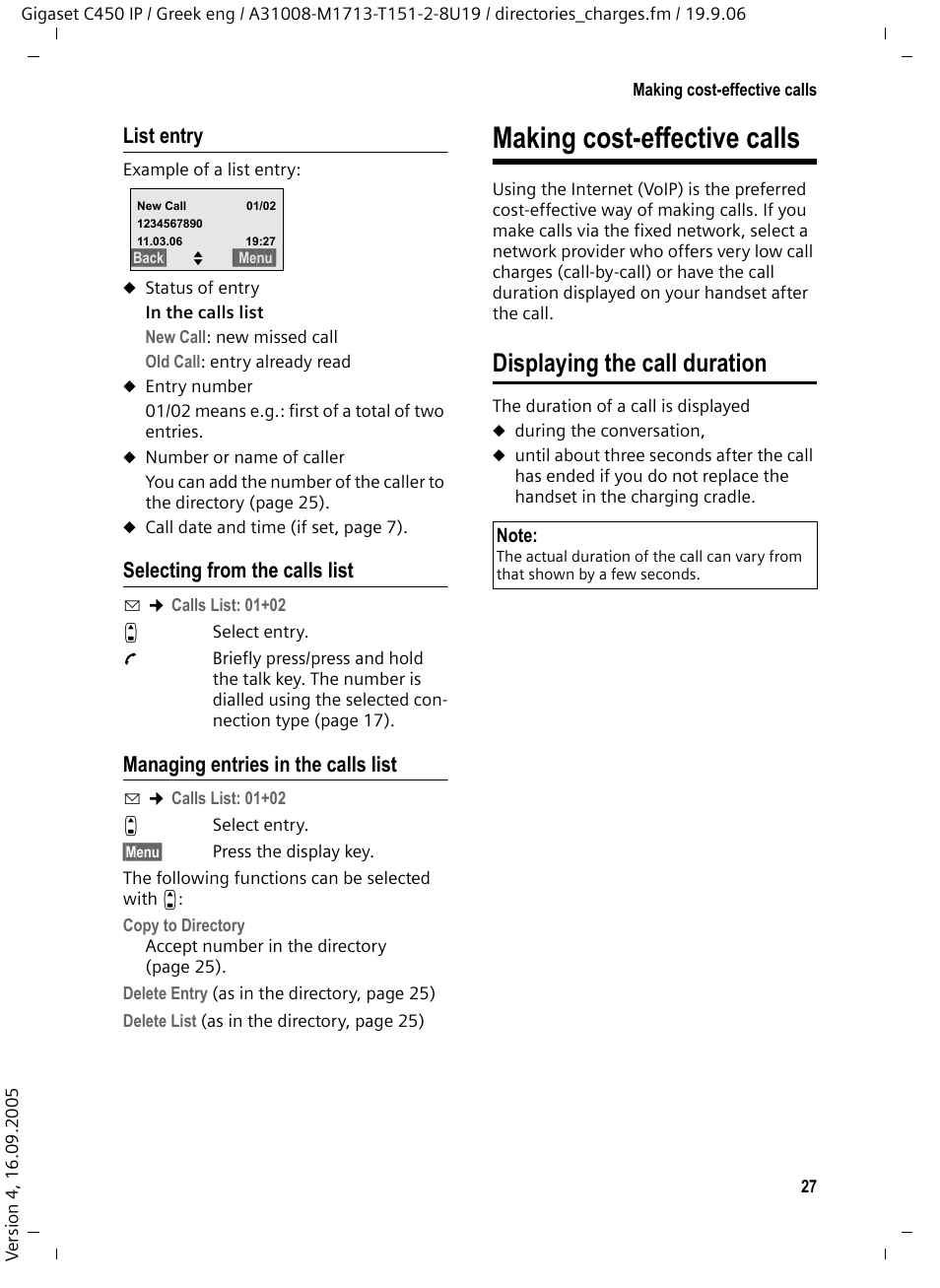 List entry, Selecting from the calls list, Managing entries in the calls list | Displaying the call duration, Making cost-effective calls | Siemens Gigaset C450 IP User Manual | Page 28 / 98