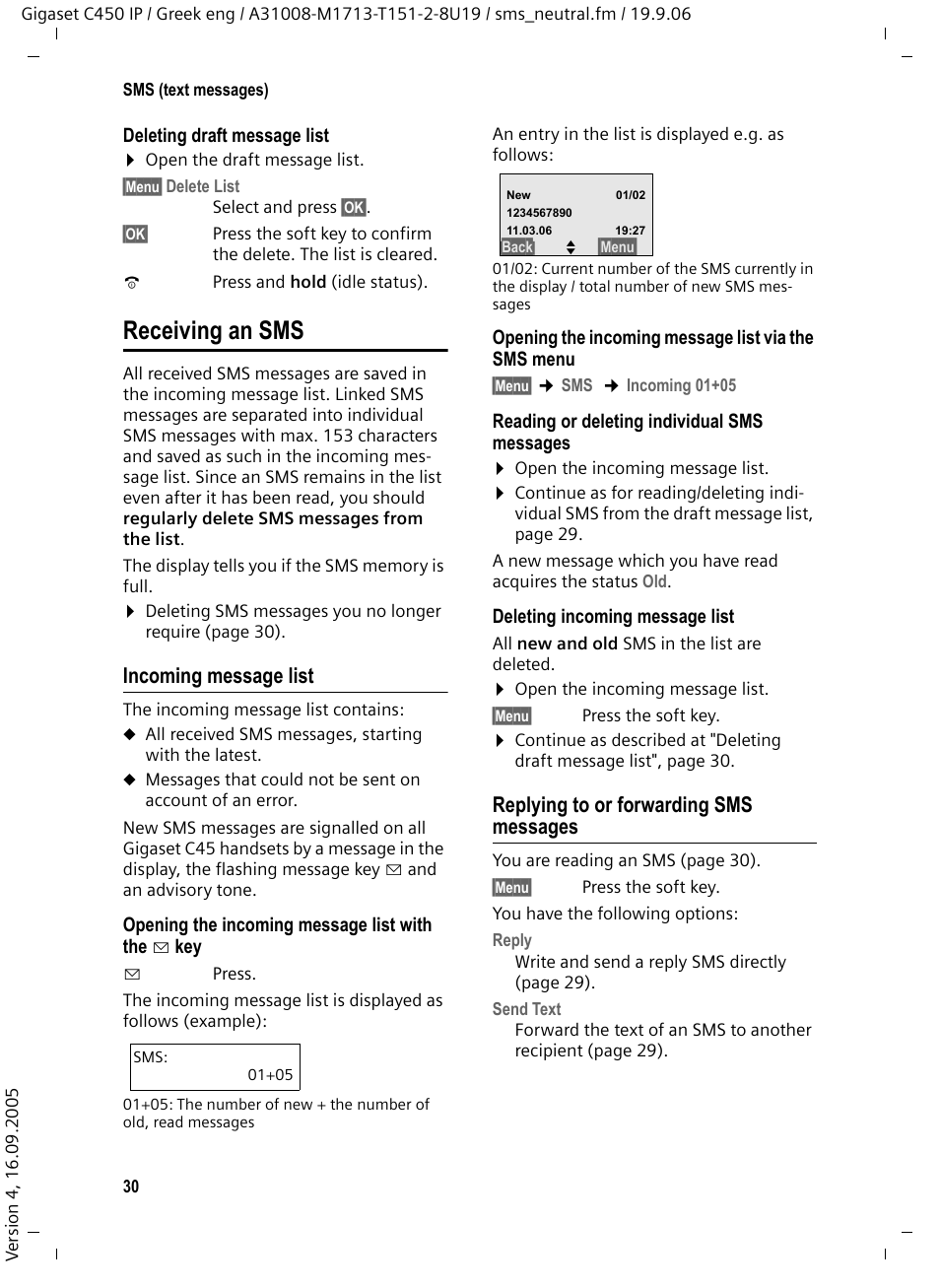 Receiving an sms, Incoming message list, Replying to or forwarding sms messages | Siemens Gigaset C450 IP User Manual | Page 31 / 98