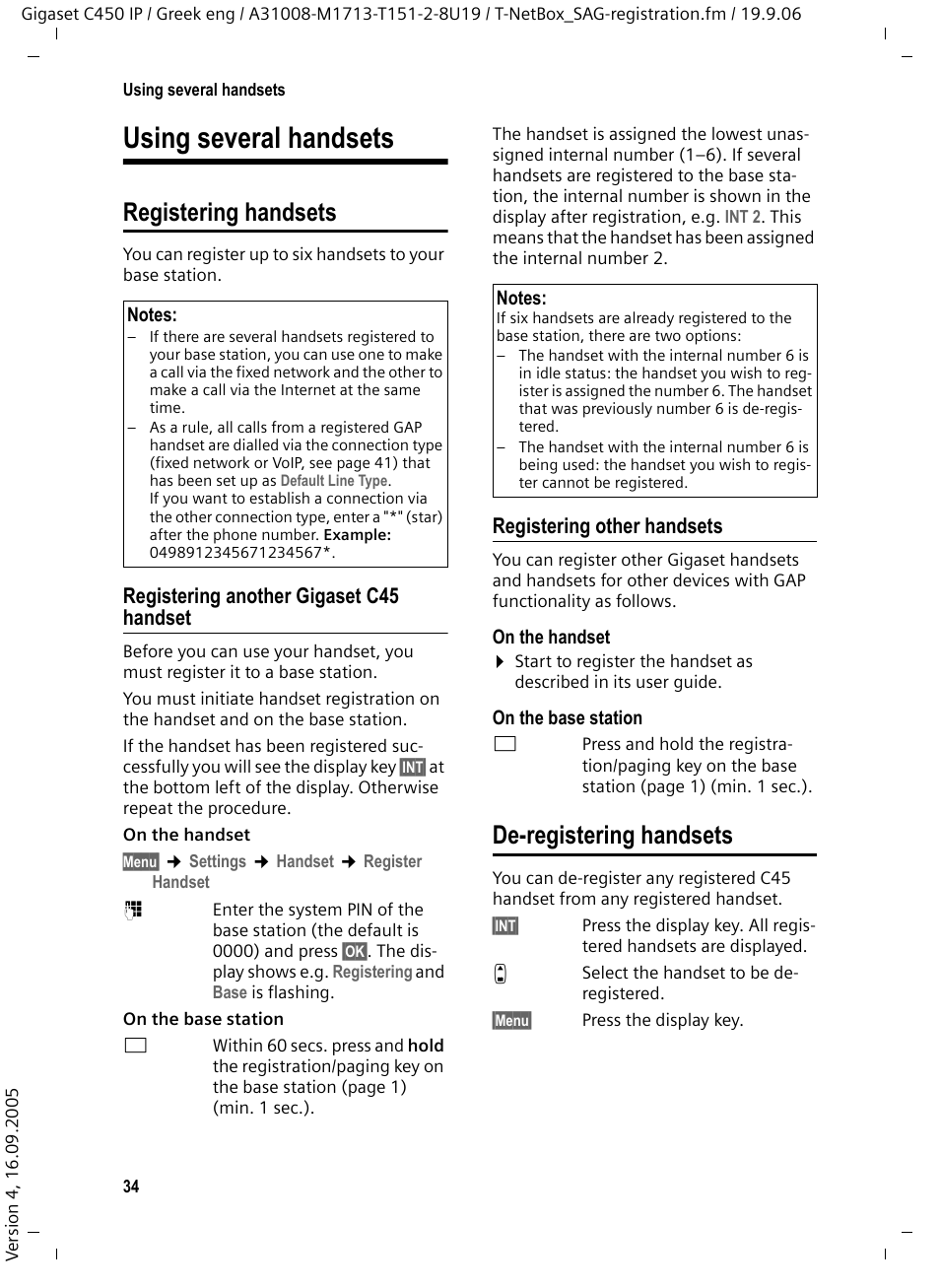 Registering handsets, Registering another gigaset c45 handset, Registering other handsets | De-registering handsets, Using several handsets, Registering handsets de-registering handsets | Siemens Gigaset C450 IP User Manual | Page 35 / 98