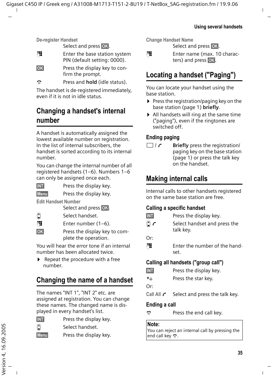 Changing a handset's internal number, Changing the name of a handset, Locating a handset (