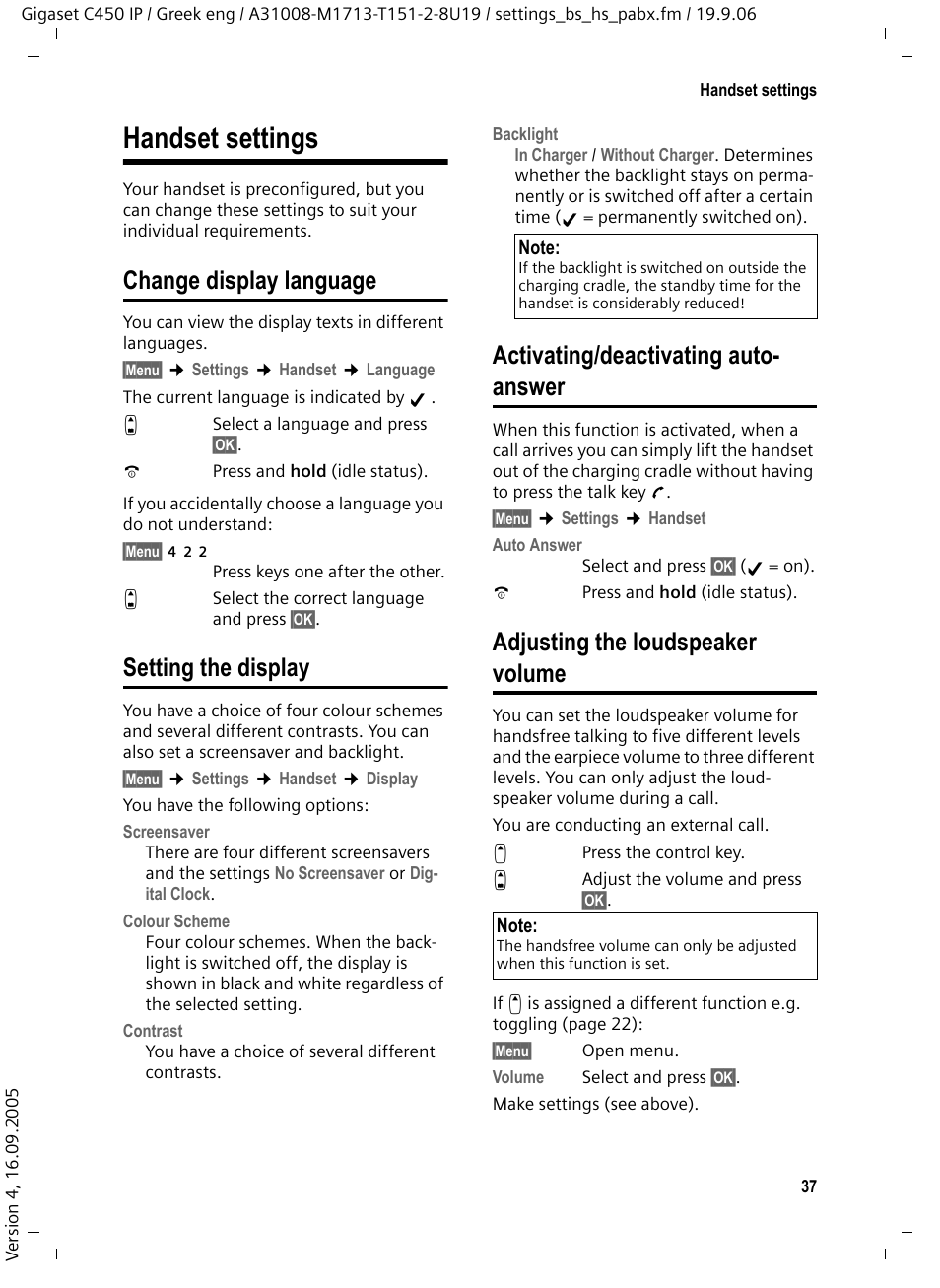 Handset settings, Change display language, Setting the display | Activating/deactivating auto- answer, Adjusting the loudspeaker volume | Siemens Gigaset C450 IP User Manual | Page 38 / 98