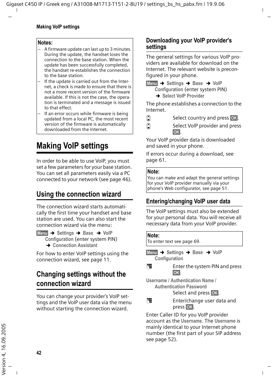 Making voip settings, Using the connection wizard, Changing settings without the connection wizard | Downloading your voip provider's settings, Entering/changing voip user data | Siemens Gigaset C450 IP User Manual | Page 43 / 98