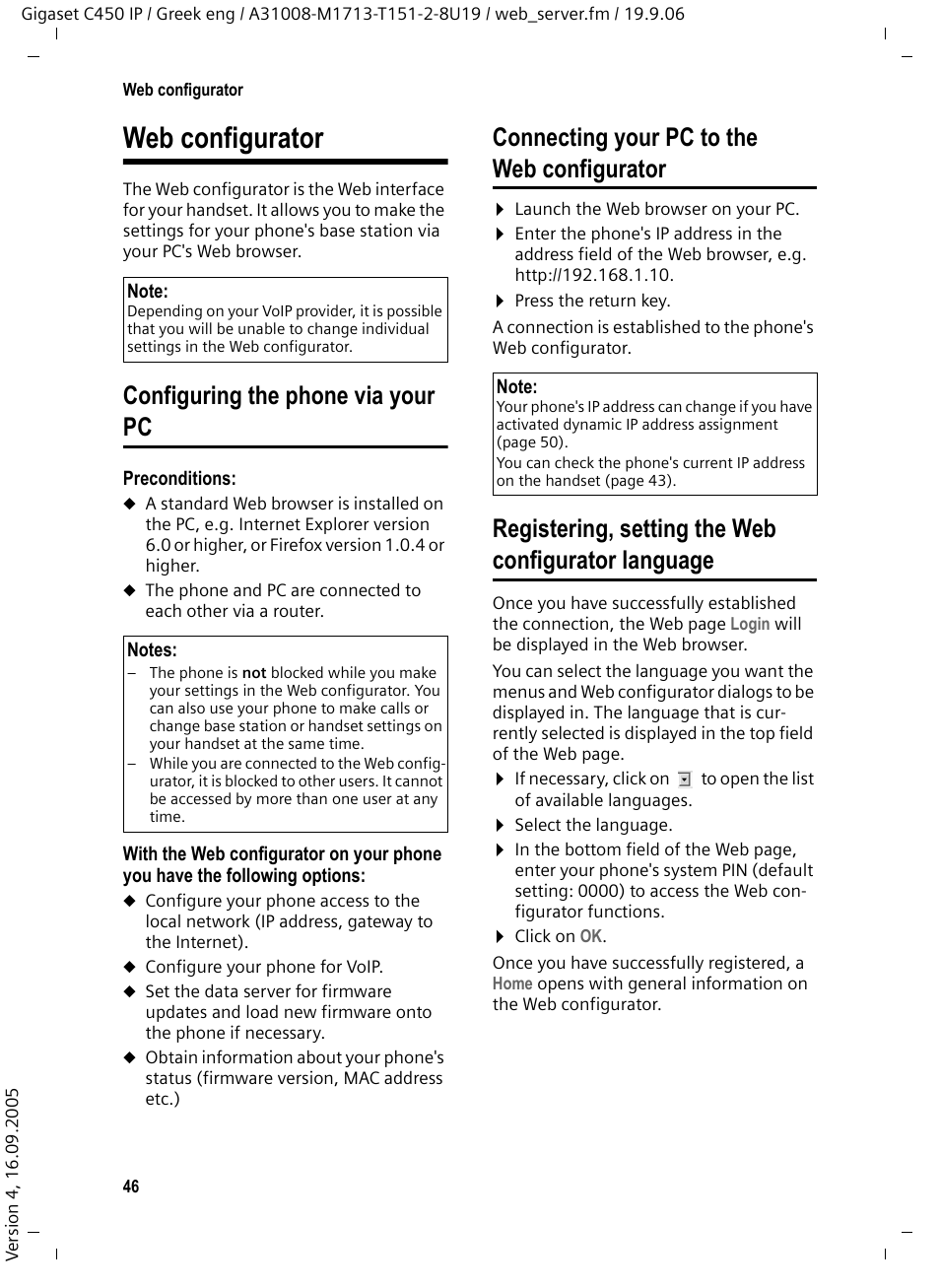 Web configurator, Configuring the phone via your pc, Connecting your pc to the web configurator | Registering, setting the web configurator language | Siemens Gigaset C450 IP User Manual | Page 47 / 98