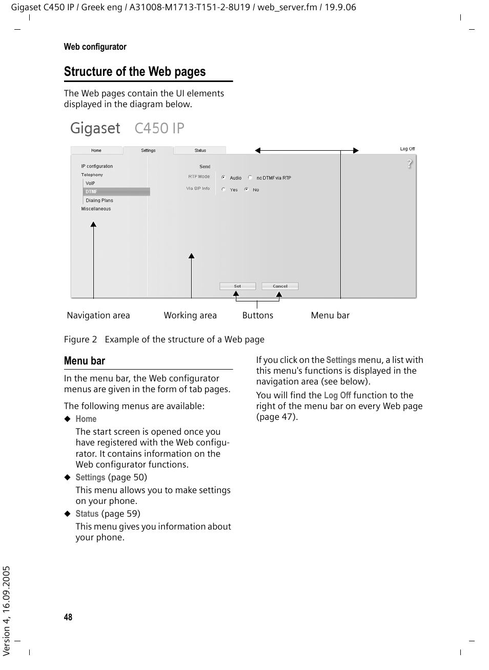 Menu bar, Structure of the web pages | Siemens Gigaset C450 IP User Manual | Page 49 / 98