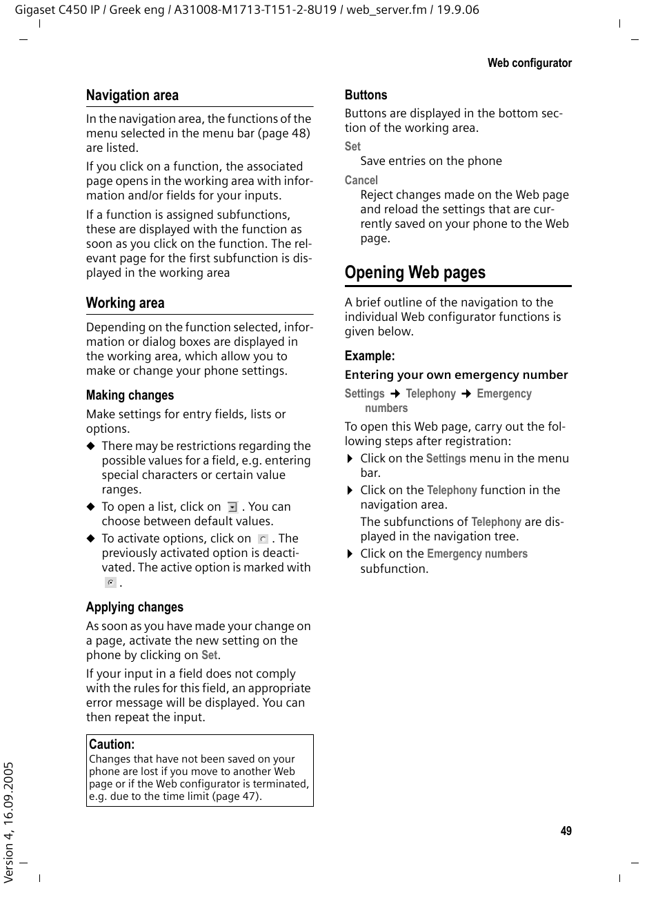 Working area, Opening web pages, Navigation area | Siemens Gigaset C450 IP User Manual | Page 50 / 98