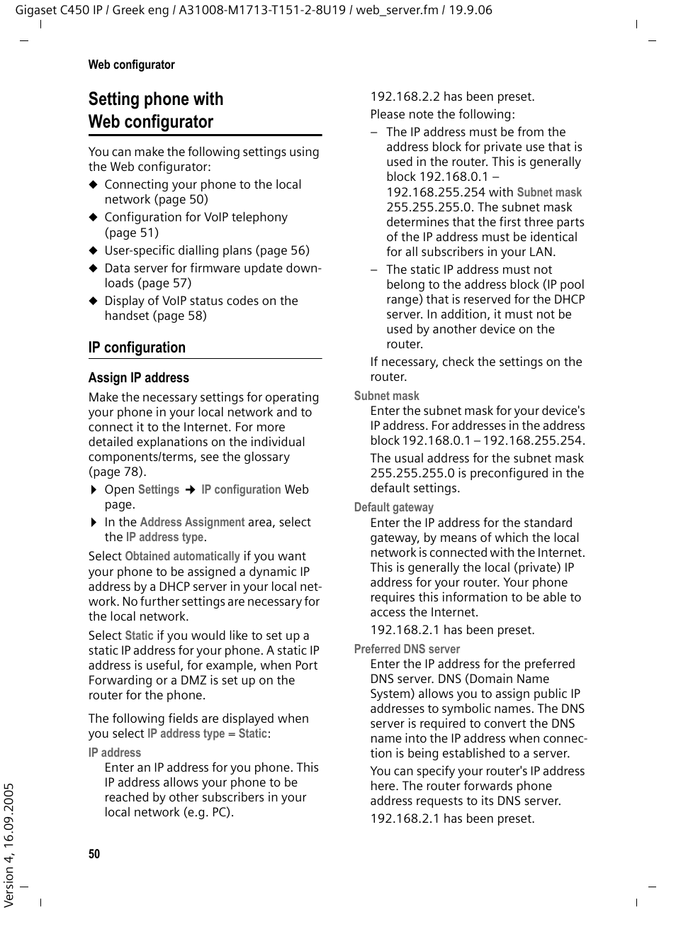 Setting phone with web configurator, Ip configuration, Setting phone with web configurator 50 | Siemens Gigaset C450 IP User Manual | Page 51 / 98