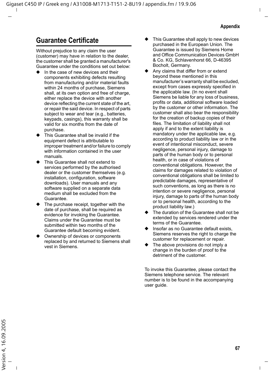 Guarantee certificate | Siemens Gigaset C450 IP User Manual | Page 68 / 98