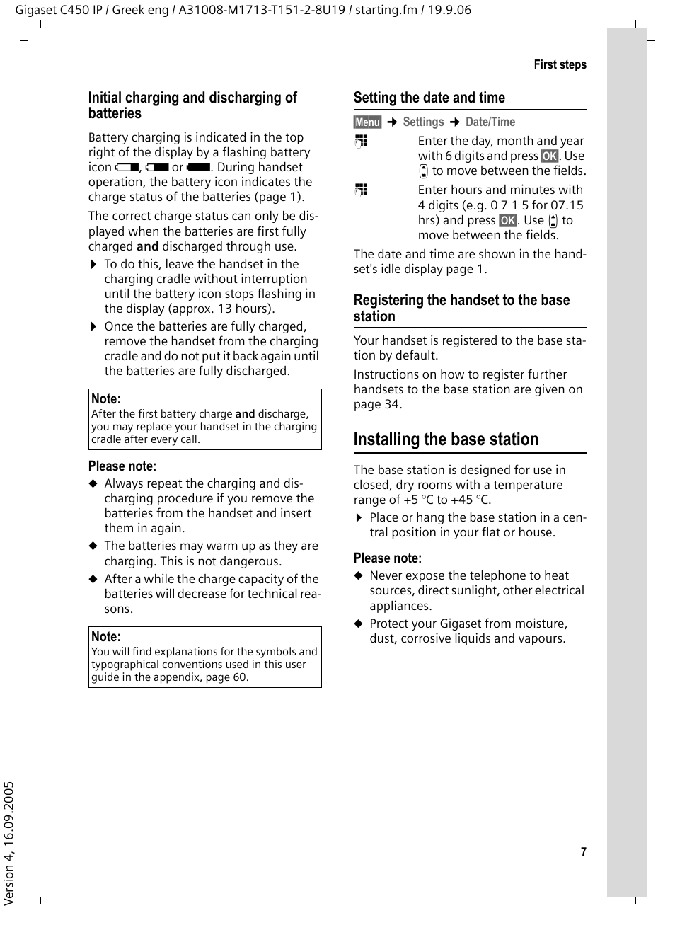 Initial charging and discharging of batteries, Registering the handset to the base station, Installing the base station | Setting the date and time | Siemens Gigaset C450 IP User Manual | Page 8 / 98