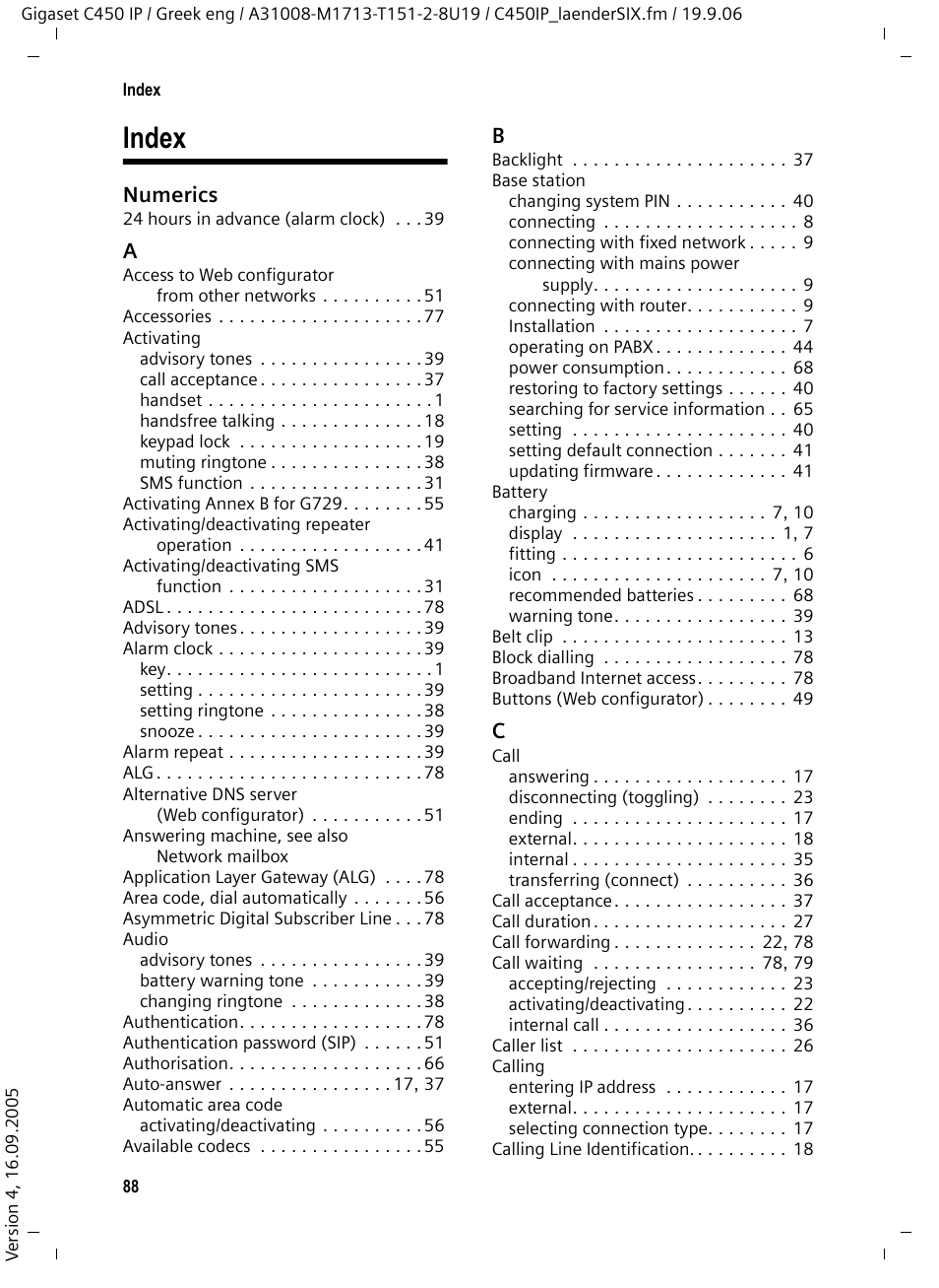 Index, Numerics | Siemens Gigaset C450 IP User Manual | Page 89 / 98