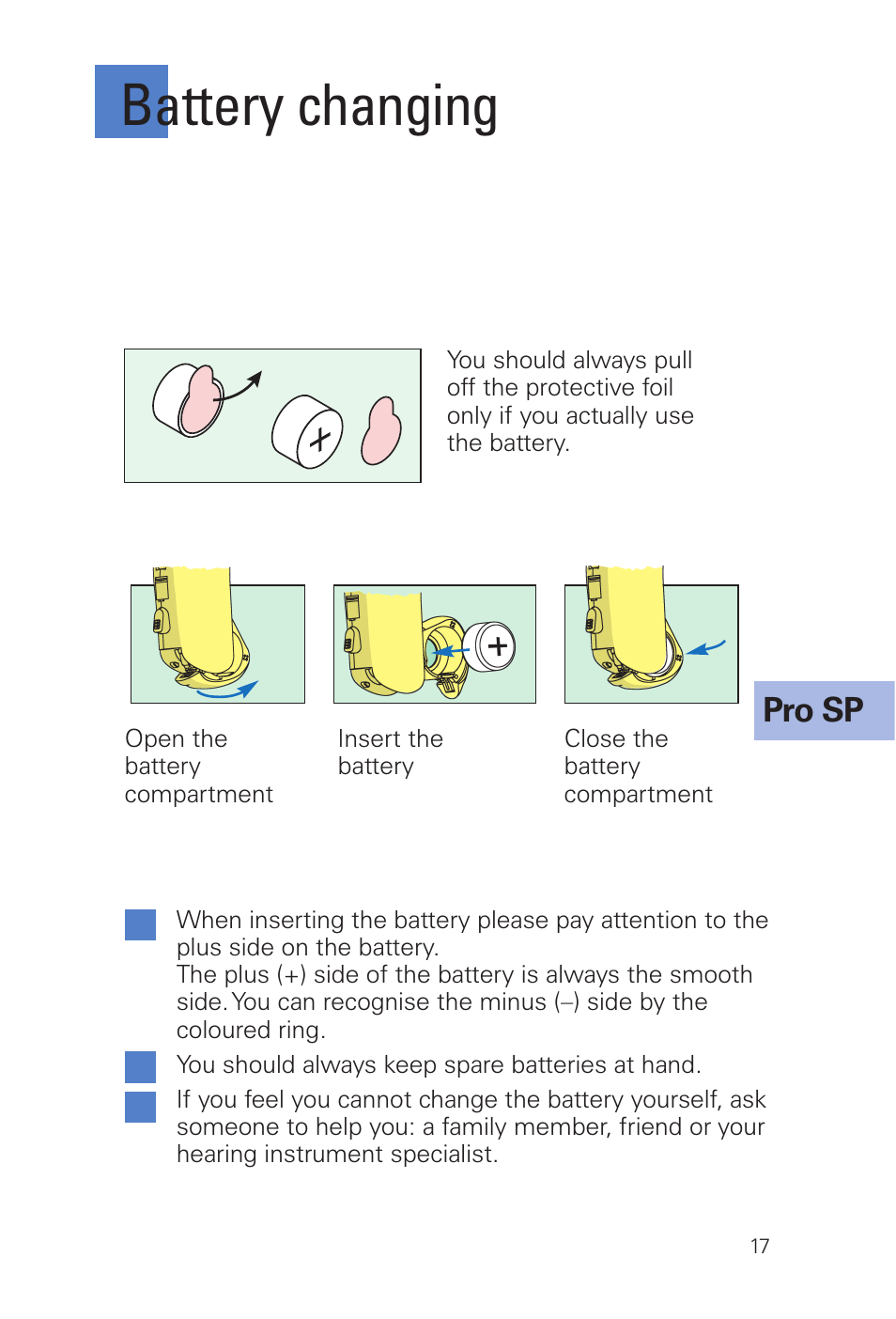 Battery changing, Pro sp | Siemens INFINITI Pro User Manual | Page 17 / 48