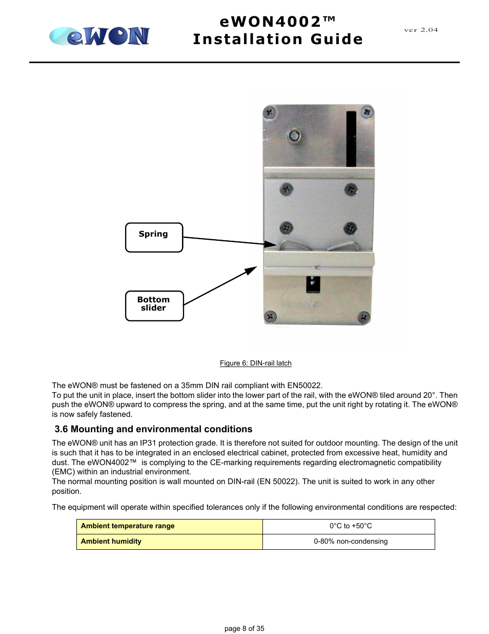 6 mounting and environmental conditions, Ewon4002™ installation guide | Siemens eWON4002 User Manual | Page 11 / 38