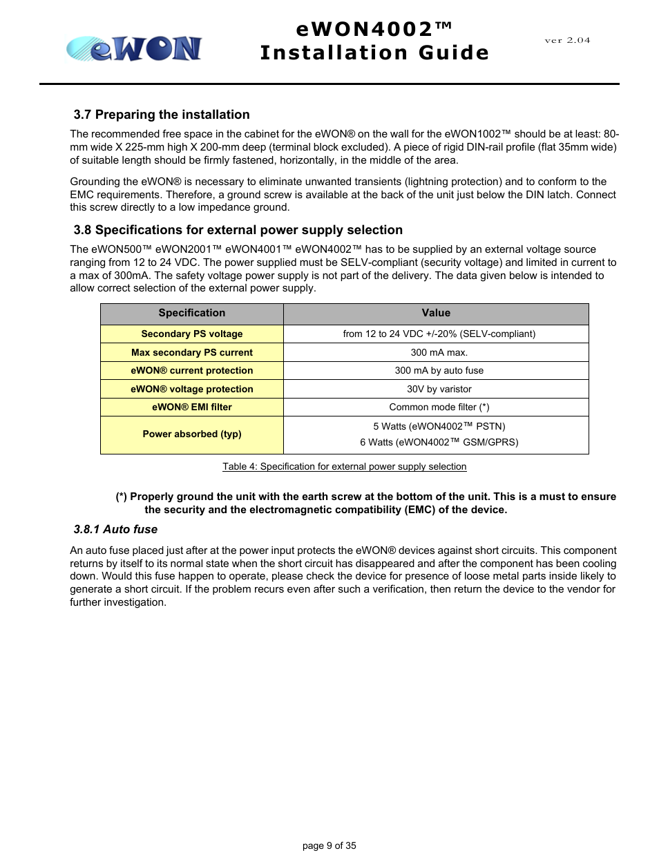 7 preparing the installation, 1 auto fuse, Ewon4002™ installation guide | Siemens eWON4002 User Manual | Page 12 / 38