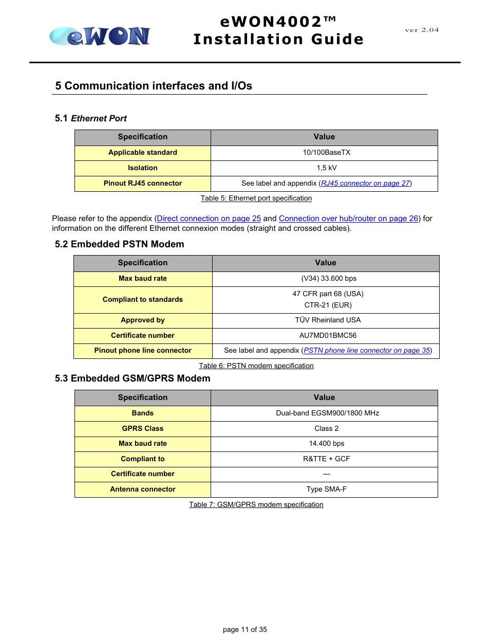 5 communication interfaces and i/os, 1 ethernet port, 2 embedded pstn modem | 3 embedded gsm/gprs modem, Ewon4002™ installation guide | Siemens eWON4002 User Manual | Page 14 / 38