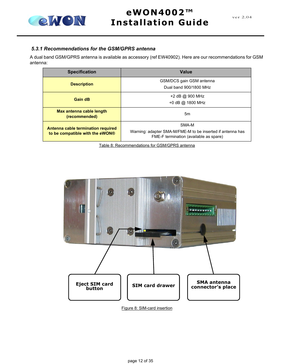 1 recommendations for the gsm/gprs antenna, Ewon4002™ installation guide | Siemens eWON4002 User Manual | Page 15 / 38