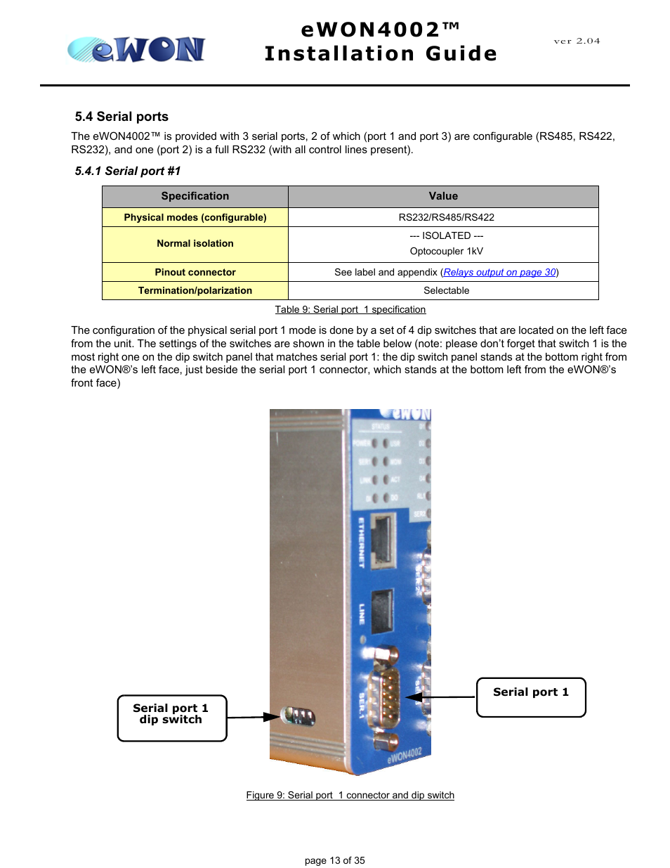 4 serial ports, 1 serial port #1, Ewon4002™ installation guide | Siemens eWON4002 User Manual | Page 16 / 38